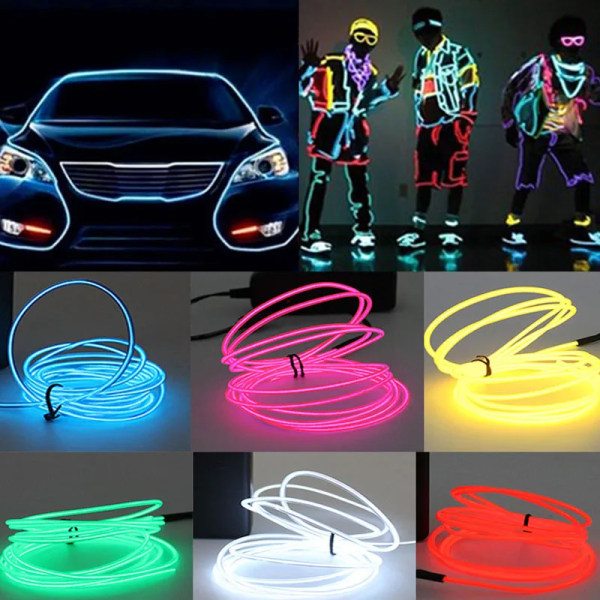 Glow EL Wire Kabel LED Neon Party Gör-det-själv Dräktkläder Självlysande billjus Rave 2m/3m/5m-vit white 5m length