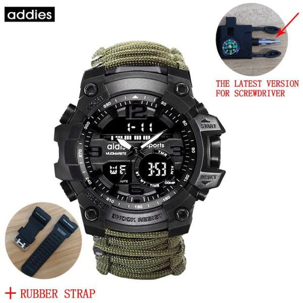 ADDIES Military Survive Outdoor LED Digital Watch Multifunktion Kompass Visslingar Vattentät Quartz Army Watch relogio masculino green with strap