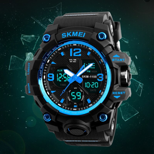 SKMEI 1155 Digital watch för män Mode Sport Herrarmbandsur Klocka Utomhus Vattentät Militär Stora Elektroniska Klockor för män 1155B blue