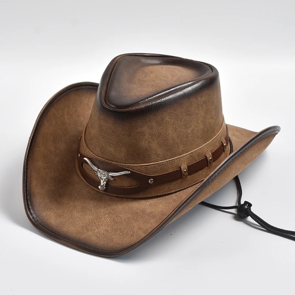 100 % läder Western Cowboyhatt Män Bred brättad Gentleman Church Jazz Cap Cowgirl Hattar Sombrero Hombre khaki01