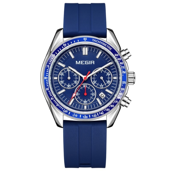 MEGIR Chronograph Quartz klockor för män Militär sport Vattentät herrarmbandsur med silikonrem Auto Date Lysande händer Blue