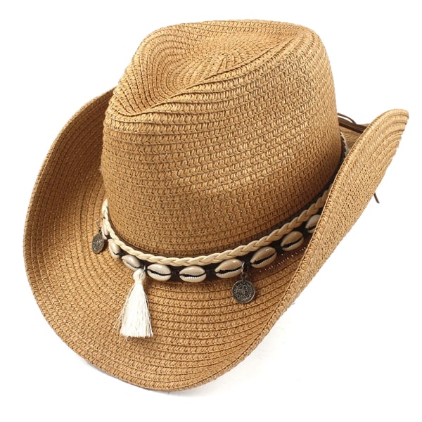 Bohemia Dam Hollow Western Cowboy Hat Lady Beach Sombrero Hombre Straw Panama Cowgirl Jazz Sun Caps Storlek 56 58CM Dark Tan