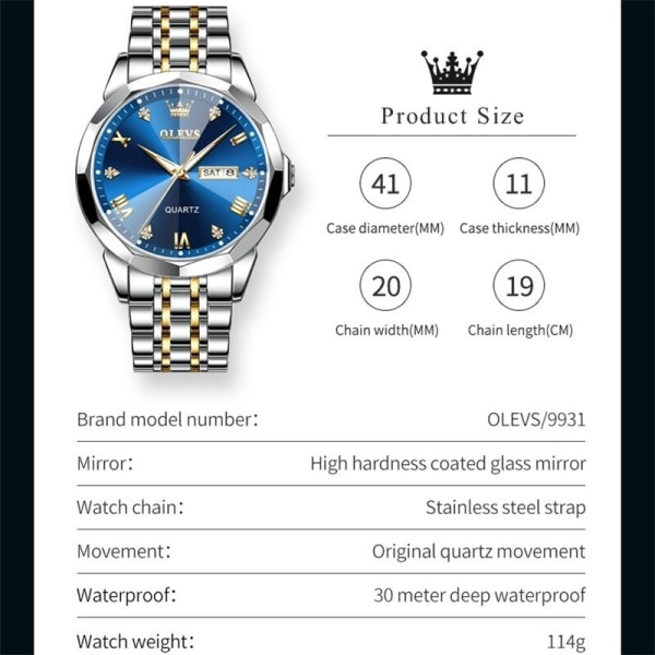 OLEVS Herrklockor Rhombus Mirror Original Quartz Watch for Man Vattentät Lysande armbandsur i rostfritt stål Man Datum Vecka gold white