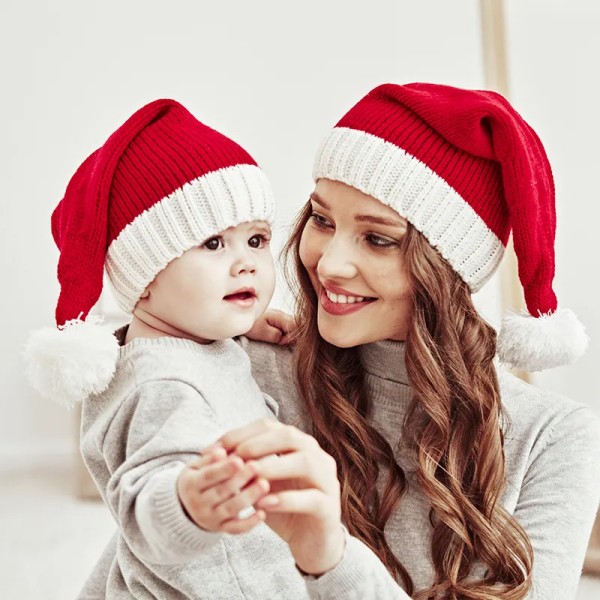 Stickad baby julmössa Söt Navidad mössa Pompom vuxen barn Mjuk mössa jultomten mössa nyår barn present jul dekorera 2023 child christmas hat