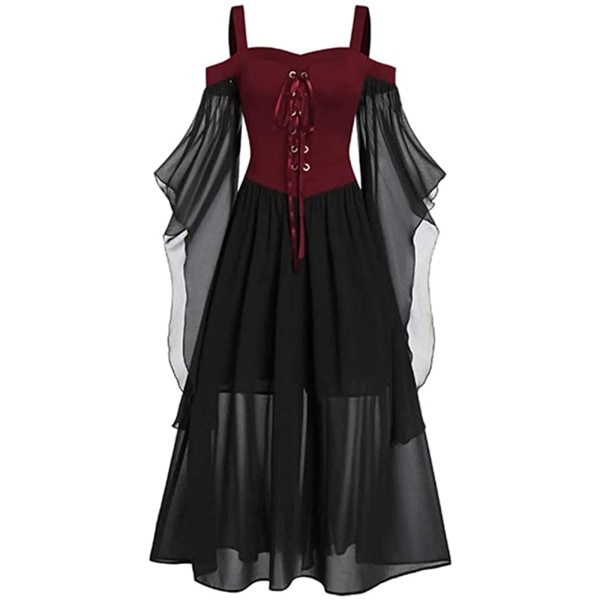 Halloween Witch Cosplay Kostymer Gothic Off Shoulder Snörning Vestidos Bandage Mesh Skir A-linje lång festklänning för kvinnor Red 5XL