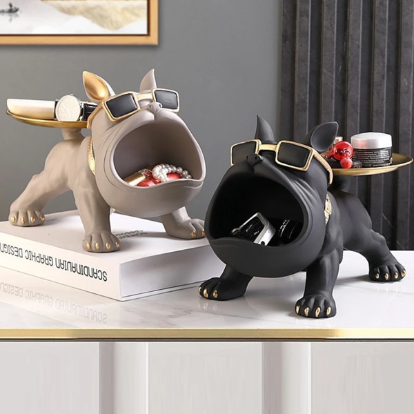 Stor mun Fransk Bulldog Förvaringsprydnader Metallbricka Nyckelställ Djurskulptur Hundstaty Kontor Ornament för hemförvaring