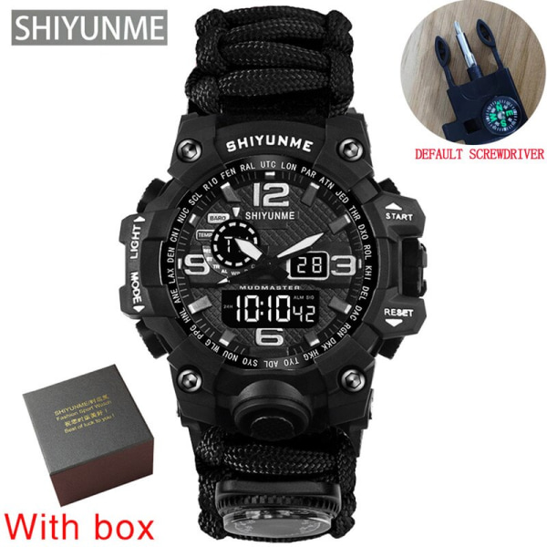 Utomhus Survival Watch Multifunktionell Vattentät Militär Taktisk Paracord Watch Armband Camping Vandring Nödutrustning Black with box