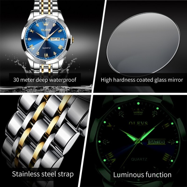 OLEVS Herrklockor Rhombus Mirror Original Quartz Watch for Man Vattentät Lysande armbandsur i rostfritt stål Man Datum Vecka silver white