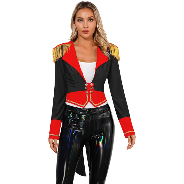 Dam Circus Ringmaster Kostym Långärmad Djup V-ringad Dubbelknäppt frack Ytterkläder Halloween Masquerade Cosplay Outfit Red D XL