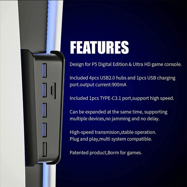 För PS5 USB Hub 6 i 1 USB Splitter Expander Hub Adapter med 5 USB A + 1 USB C-portar för PlayStation 5 Super Speed ​​USB adapter WHITE
