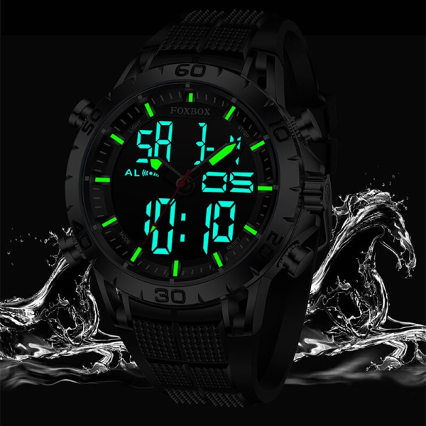 FOXBOX Sport Herrklockor Toppmärke Lyx Dual Display Quartz Watch For Herr Militär Vattentät Klocka Digital Elektronisk Watch Black 1