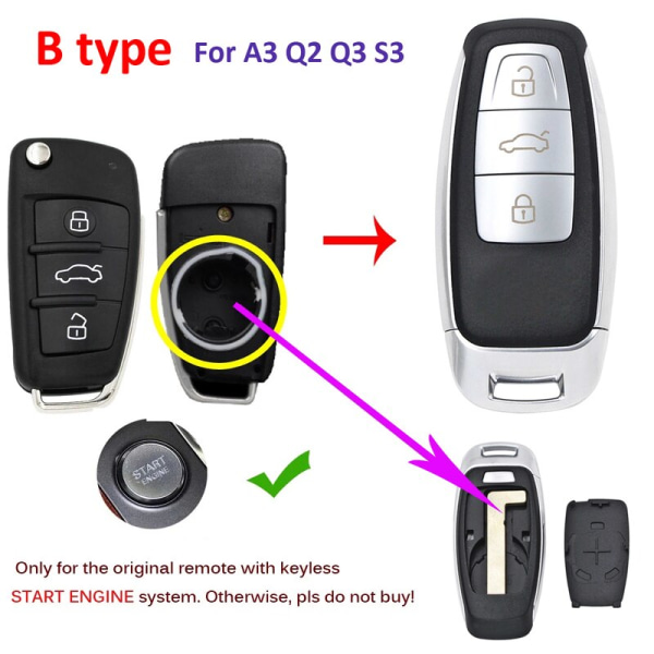 Modifierat distansbilnyckelskal, case utan nyckel, uppgradering för Audi A4, Horizon, Q7, TT, A3, Q3, R3, Q2, S3, RS3 For A3 Q2 Q3 S3