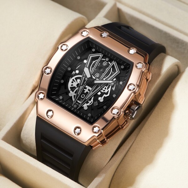 Ny design watch Mode Automatisk rörelse Fat Lysande Vattentät klocka Sport Mans Silikonarmband Quartz Armbandsur Gold
