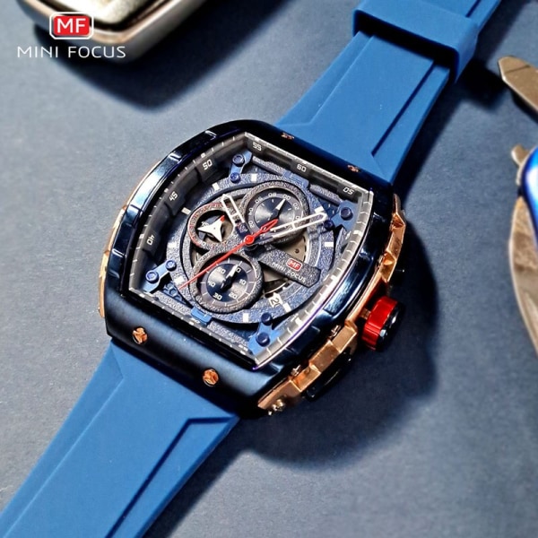 MINI FOCUS Sport Chronograph Watch för män Mode blå silikonrem Tonneau Dial Armbandsur med datum 3atm Vattentät 0399Orange-Box