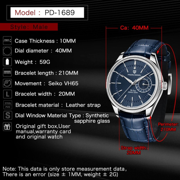 PAGANI DESIGN New Men Quartz Armbandsur Lyx Safir Glass Business Klockor 200m Vattentät rostfritt watch för män Silver white