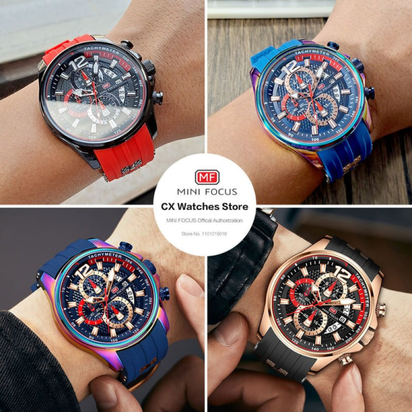 MINI FOCUS Röd watch för män Mode Lyx Chronograph Quartz Armbandsur med silikonband Lysande visare Datum Vattentät 0350 0350Motley