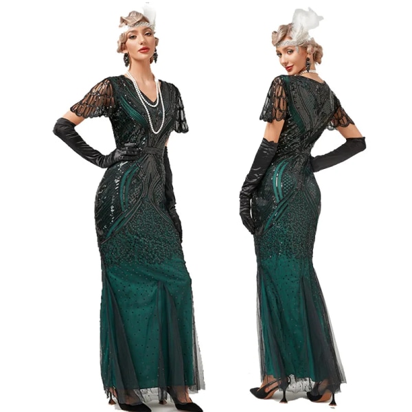 Ny figursydd Fishtailklänning från 1920-talet med mesh ​​med paljett V-ringad kjol Stor Gatsby Festdräkt Värdklänning Vestido De Festa dress only S