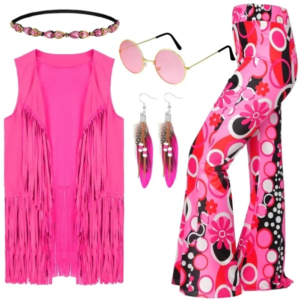 70-talsdräkt för kvinnor Disco Outfits Hippie Accessoarer Fransväst Boho utsvängda byxor Set 2023 Ny stil Cosplay kostym kvinnor Pink XL