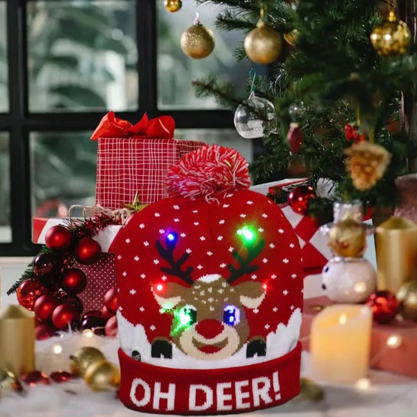 Stickad julmössa tecknat mönster Belys mössa Mjukt ljus Blinkande cap Färgglad LED nyår julklappar Double Deer