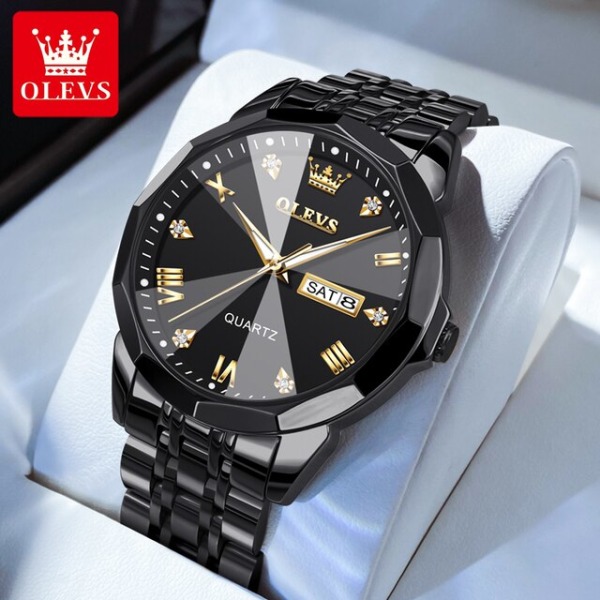 OLEVS 9931 watch för män Solid rostfri stålarm Rhombus Design Fashion Business Armbandsur för män Vattentäta klockor All Black-GDQH