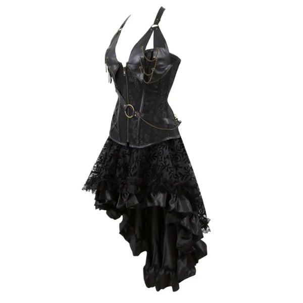 Gotisk Steampunk Korsettklänning för kvinnor Piratkostym PU-läderkorsett Bustier Underkläder Topp med asymmetrisk blommig spetskjol Set 7056brown XL