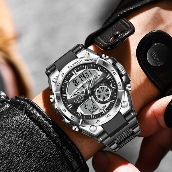 Toppmärke LIGE Mode Watch För män Digital Dual Display Quartz Manklockor LED Lysande Vattentät Militär Armbandsur Black