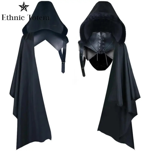 Herr medeltida gotisk svart kappa mördardräkt enkelärmad punk pansarsjal spets huvkappa Cape Halloween kostymer 040-Hooded One Size