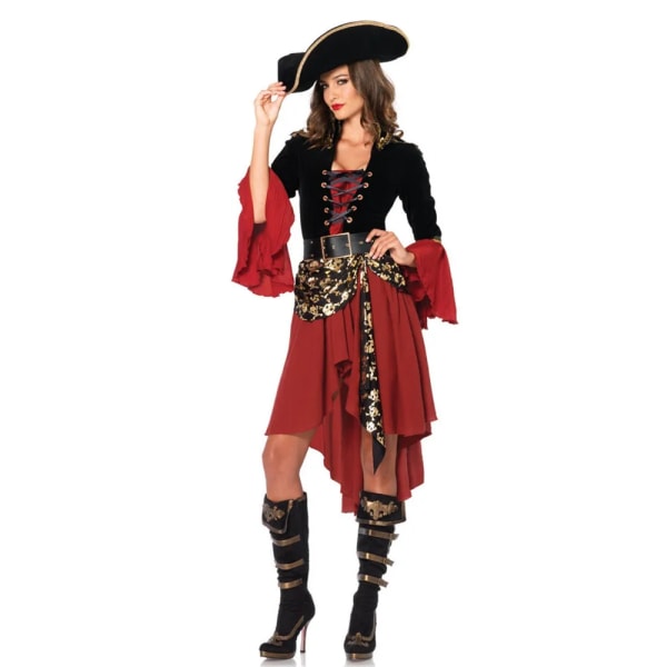 Purim Kvinnlig Karibien Pirater Kapten Kostym Halloween Cosplay Kostym Kvinna Gotisk Medeltida Fancy Dress Performance outfit Red 2XL