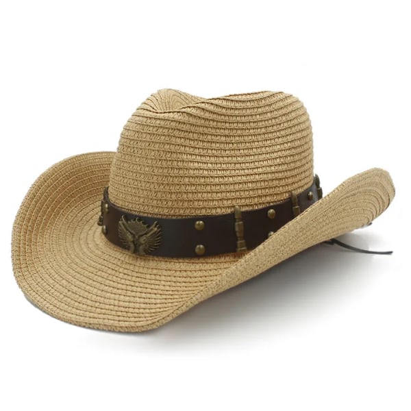 Damer Män Halm Western Cowboyhattar Med Roll Up Brätte Lady Gentleman Utomhus Sombrero Sombrero Hombre Beach Sun Cap Storlek 56 58CM Light Coffee