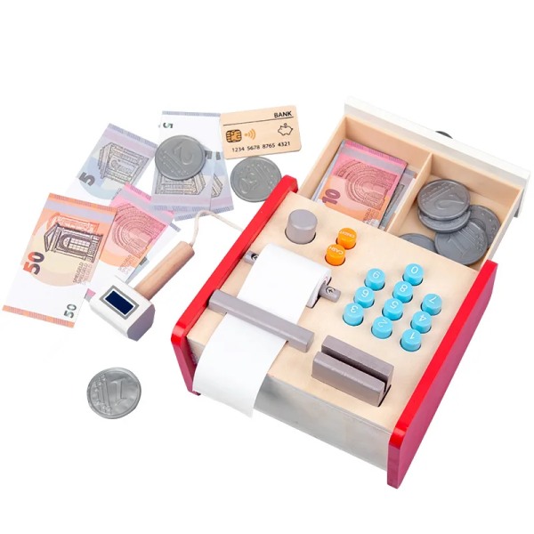 Montessori Mama Wooden Kids kassaapparat Leksak låtsas leka pengar för barn Toy Kids kassaapparat med skanner och kreditkort cashier