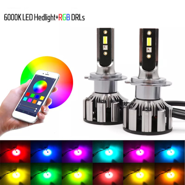 -H7 Led RGB Strålkastare APP Bluetooth-kompatibel kontroll Multi Colors LED-lampor H1 H4 H8 H9 H11 9005 9006 9005