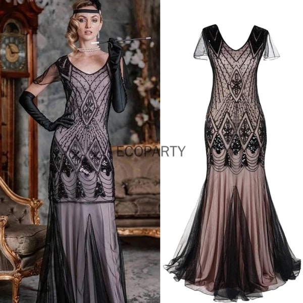 Kvinnor 1920-tal Gatsby-klänning 20-tal Vintage V-ringad paljetter Pärlor Maxi Cocktailparty Flapper Klänning Mesh Balklänning Långa Eleganta Klänningar black gold L