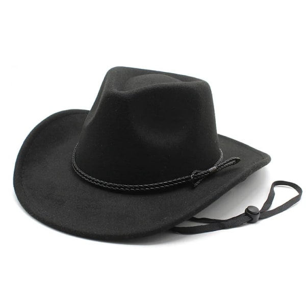 Cowboyhatt Kvinna och Man Western Cap Cowgirl Jazz Style Ylle 57 58 cm Huvudomkrets med vindtätt rep NZ0059 Black