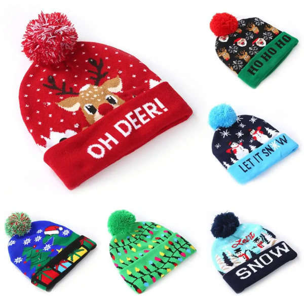 Hatt Jultomte Älg Snögubbe Print LED Light Beanie Stickad Cap Beanie Decor LET IT SNOW