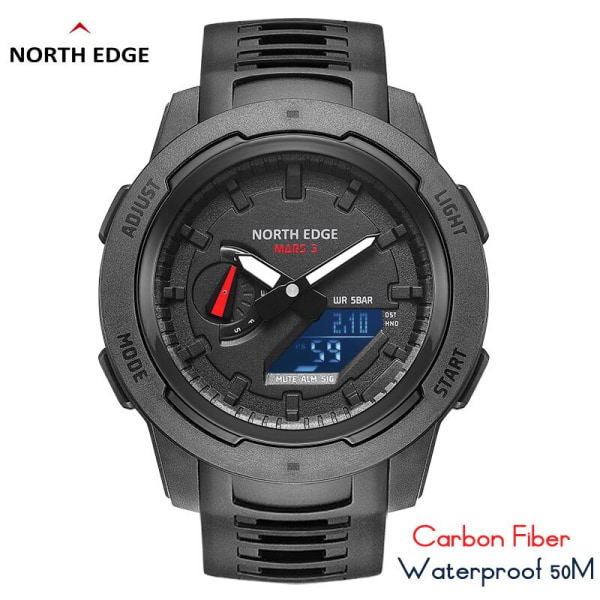NORTH EDGE Mars 3 Watch för män Digitalt case för man Vattentät 50M sportklockor World Time LED-armbandsur Black