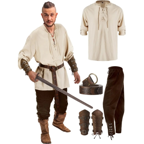 4 st Halloween set för män medeltida piratskjorta Ankelbandade byxor Bältstillbehör Vintage Color L