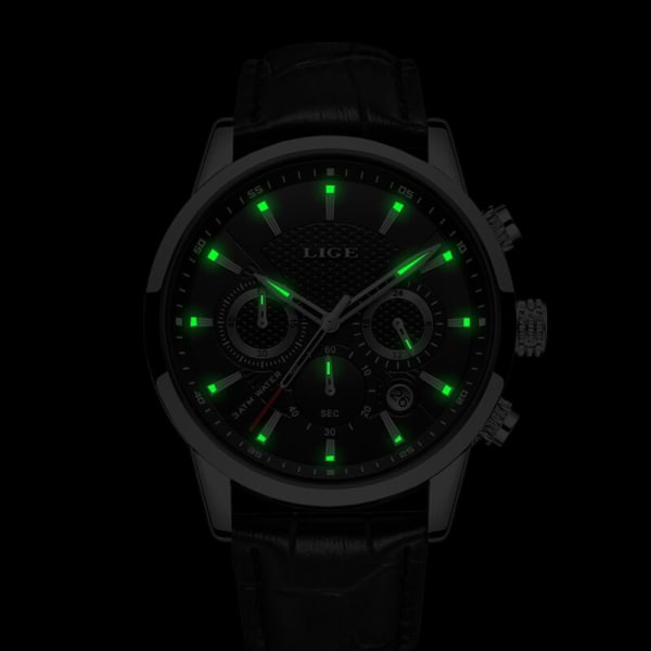 LIGE Watch för män Toppmärke Lyx Business Herrklockor Sport Quartz Chronograph Vattentät armbandsur Man Reloj Hombre Leather silver black