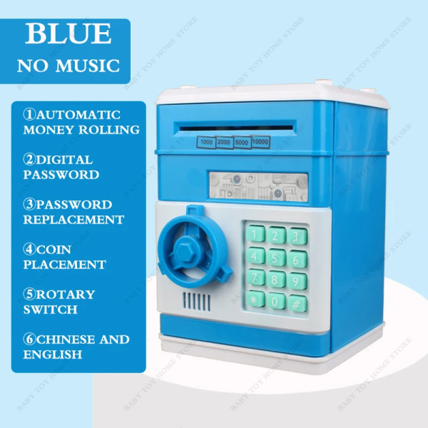 Bankomat Spargris för pojkar Flickor Mini ATM Myntbank Pengasparbox med barn Säker pengaburk för With Auto Grab Bill Slot Blue No Music