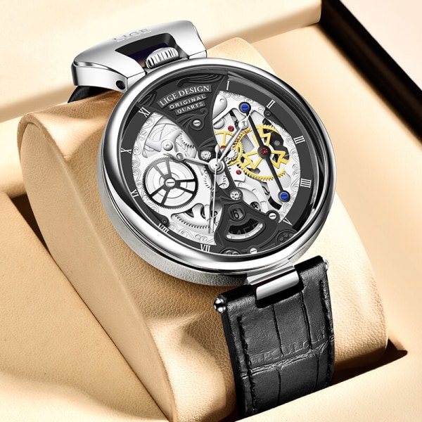 LIGE Watch Creative Quartz Watches Mode Casual Vattentät Auto Date Läderband Lyx Watch Herr Gentleman Present+box Black