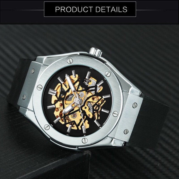 VINNARE Automatisk mekanisk watch för män Gummiband Skeletturtavla Manklocka Militärsportstil Armbandsur Dropshipping BOX RG WHITE