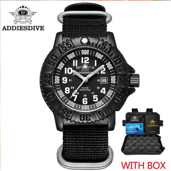 ADDIES Watch Watch för män Lysande rör NATO Nylon Lyxig rostfritt stål Sport herrkvartsklocka Mode Watch Black nylon box