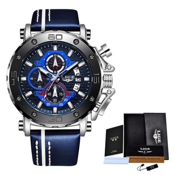 LIGE Lyx Casual Toppmärke Creative Chronograph Silikonrem Datum Lysande Watch Stora män Klockor Manklocka SIlver Blue