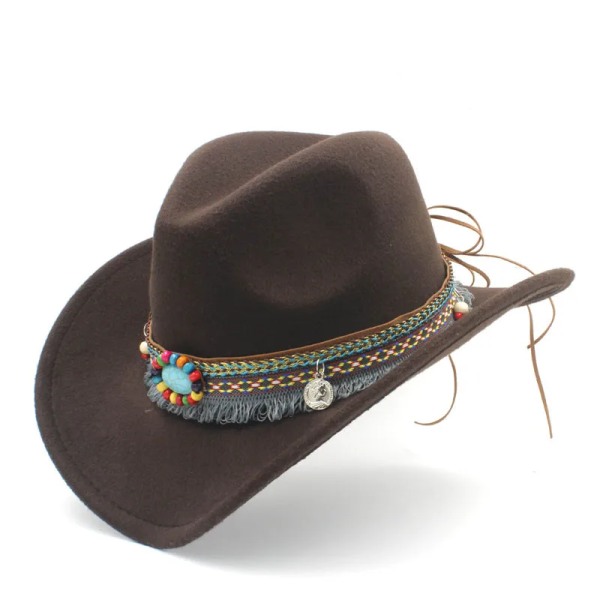 3 Storlek Barn Ull Ihålig Western Cowboyhatt Tofsbälte Barn Flicka Jazz Cowgirl Sombrero Cap Storlek 52 54CM I 4 8 år Coffee