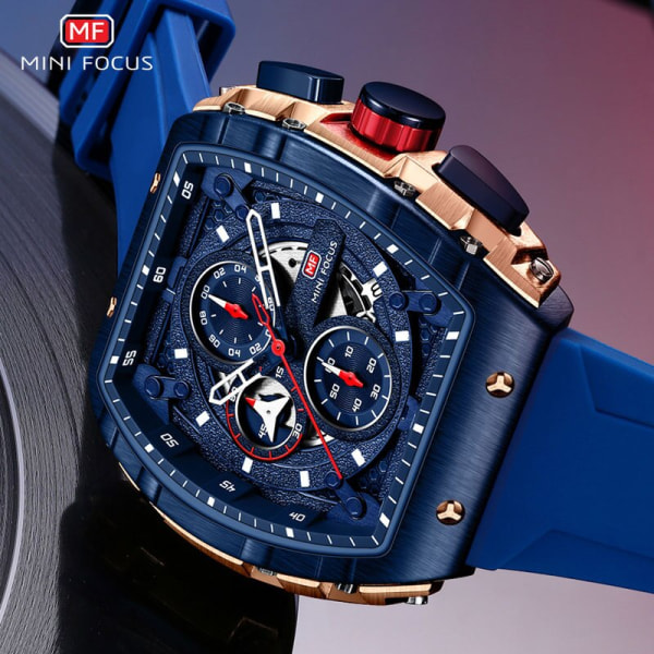 MINI FOCUS Sport Chronograph Watch för män Mode blå silikonrem Tonneau Dial Armbandsur med datum 3atm Vattentät 0399Rose Black-Box