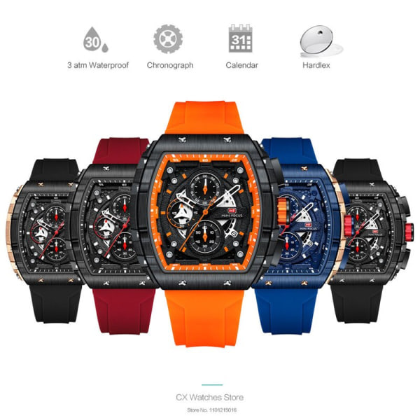 MINI FOCUS Sport Chronograph Watch för män Mode blå silikonrem Tonneau Dial Armbandsur med datum 3atm Vattentät 0399Rose Blue-Box