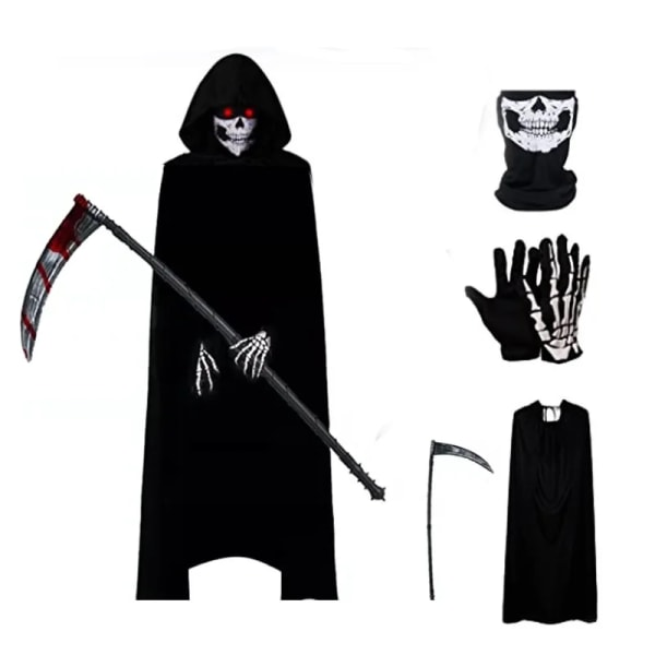 Kvinnor Män Barn Halloween Grim Reaper Svart mantel Cosplay Kostym Terror Death Ware Set Karnevalsfest Cape Present A-4PCS-Kids One Size