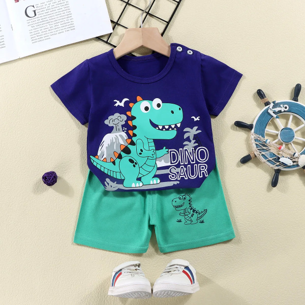 2022 Summer Barns kortärmade Set Bomull Baby Dinosaur 2-delade Kläder Pojkkläder Set Baby Toddler Kläder För Pojke 1a 3T