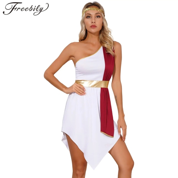 Kvinnors Halloween antik grekisk romersk gudinna Cosplay kostym Klänning med en axel med pannband Cleopatra Rollspel Toga Robe Burgundy XL