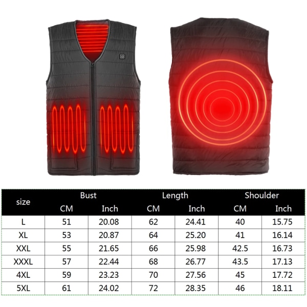 USB Elektrisk Värmeväst Uppvärmd Väst Thermal Varmvärme Kläder Utomhusfiske Jaktväst Vinter 5 Områden Uppvärmd Jacka-Svart Black 5XL