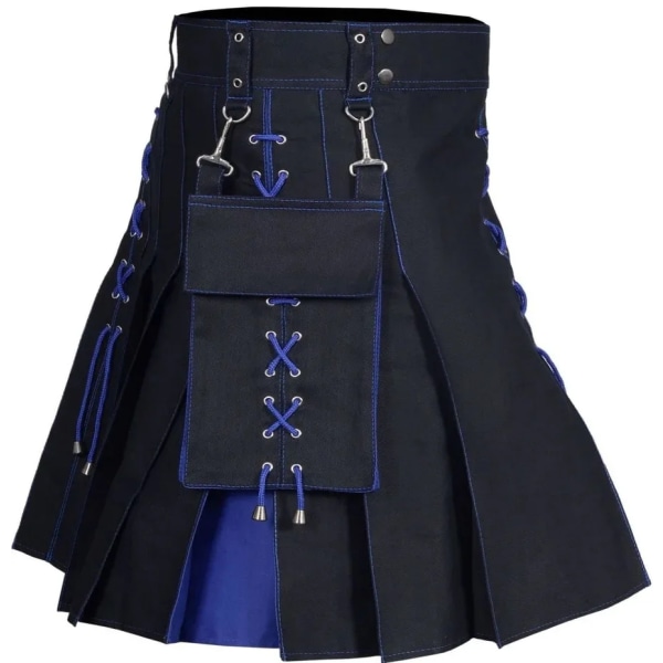 Herr Kilt Utility Scottish Traditional Highland Solid plisserade spännband Kostym Kilts med lastfickor Blue L